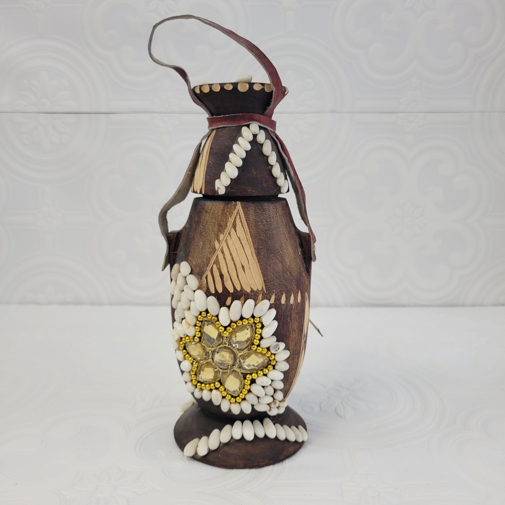Vintage Wood Carved Ethiopian Gourd Honey Pot Decorative Handcrafted Beaded‎